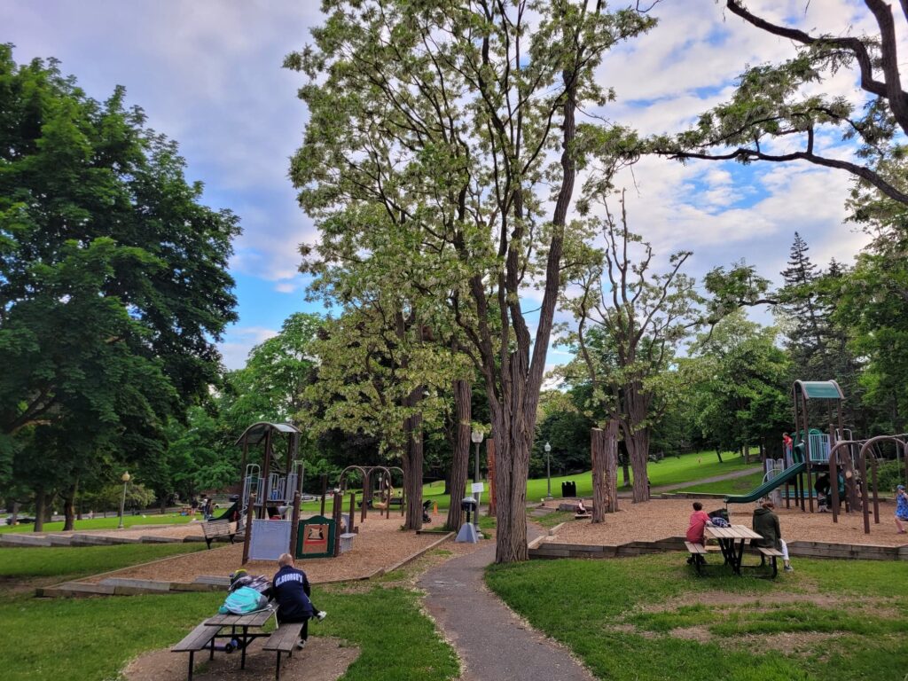 Des habitantes et habitants de Murray Park à Montréal, profitant des bienfaits de la voisine, Nature... Les familles choisissent parfois de souper dans ces Parcs.